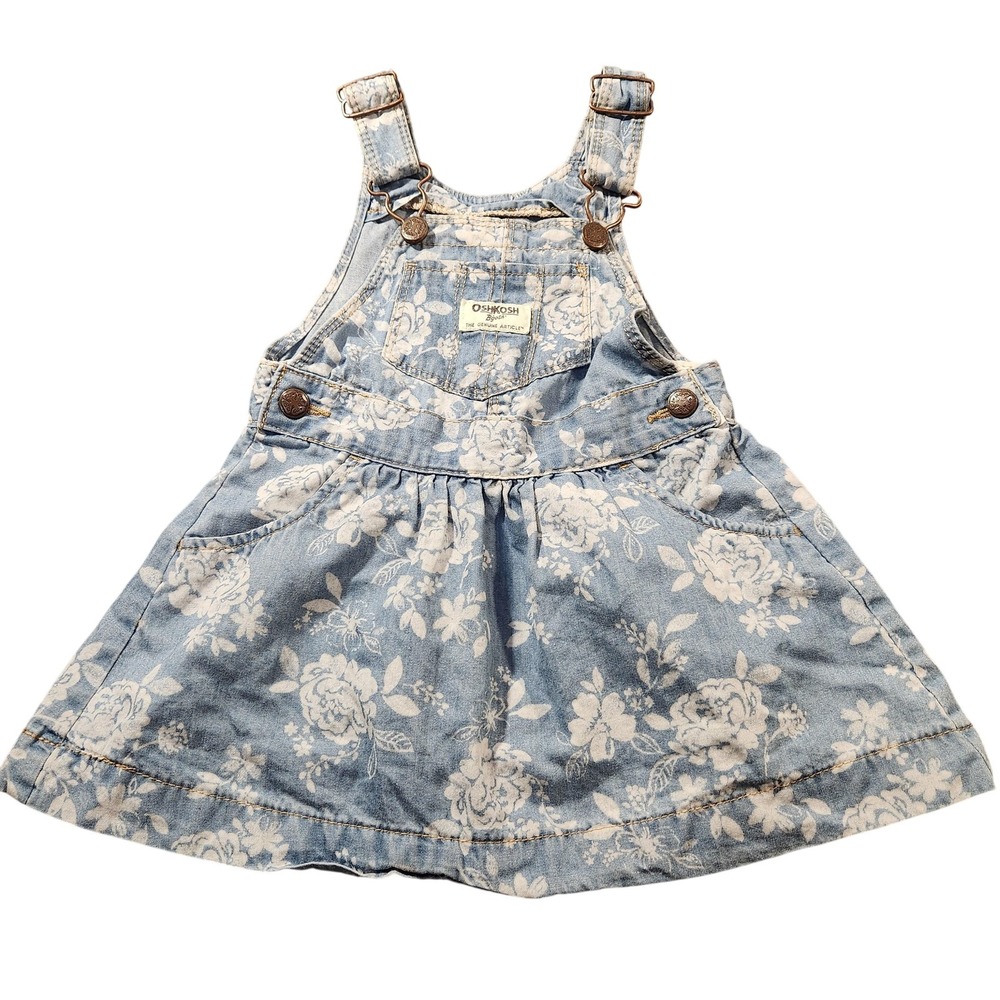 Vintage Y2K OshKosh B'gosh Denim‎ Overall Dress Toddler Girls 18M Floral Jumper